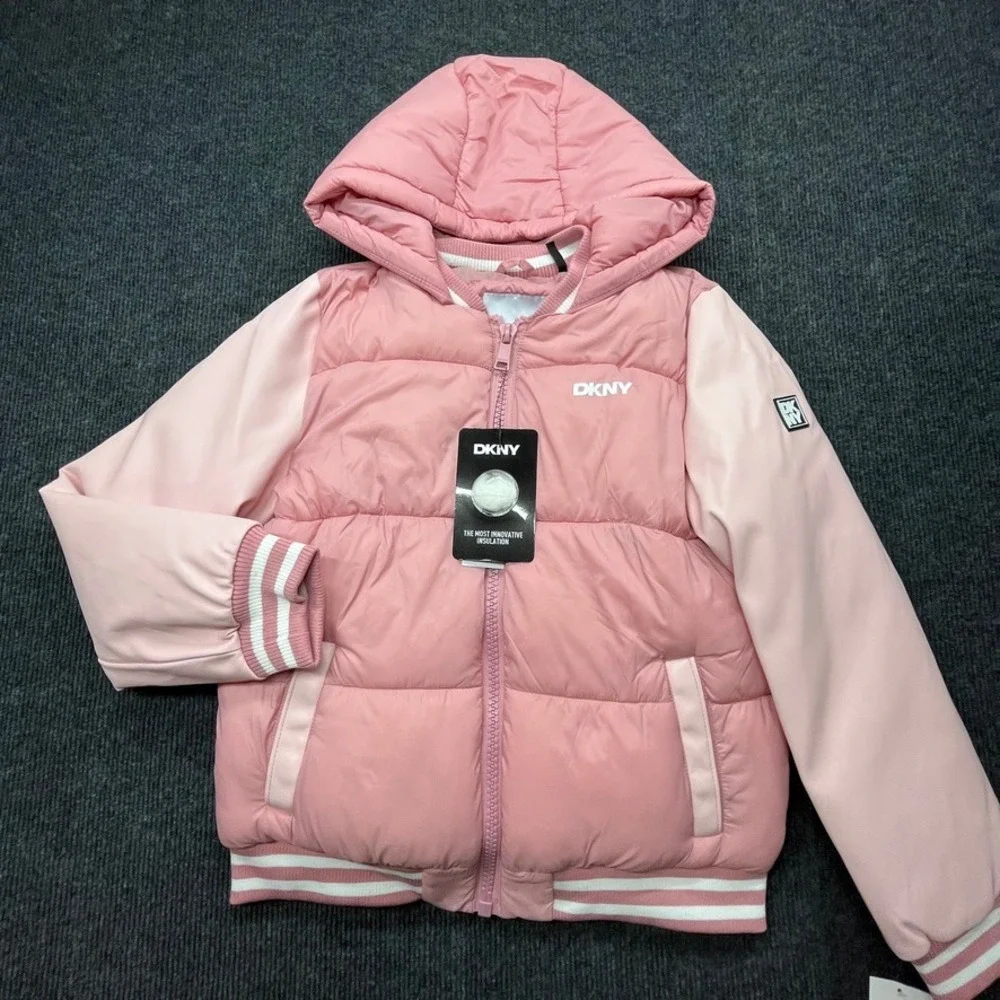 DKNY Girls Pink Puffer Jacket Faux Leather Sleeves Size 10/12 Y2K Streetwear